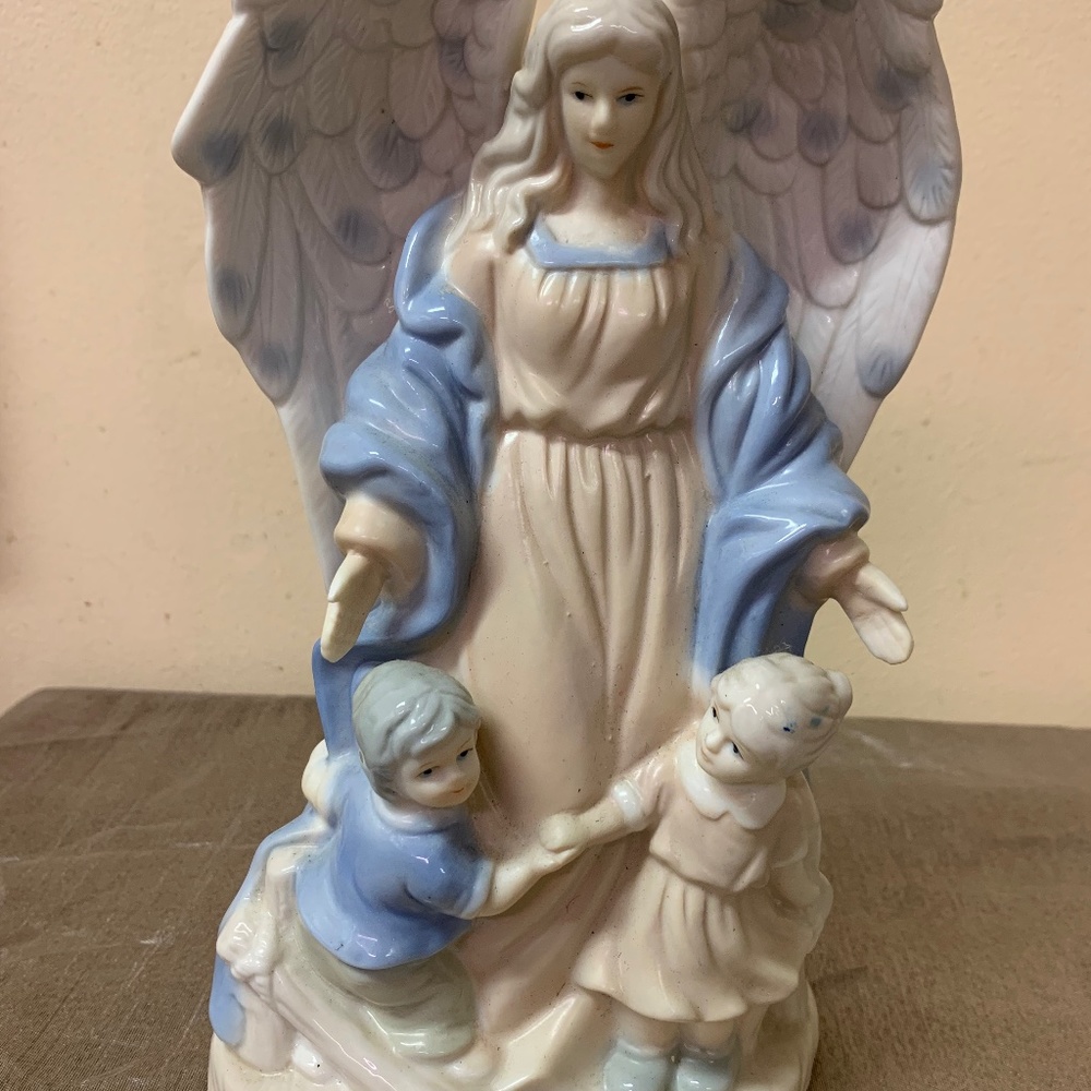 Vintage Guardian Angel & Children Porcelain Bisque Night Light